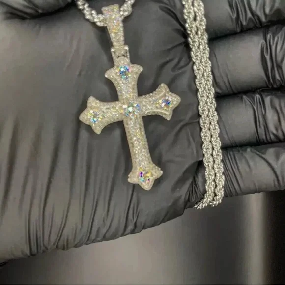 3Ct Round Cut Real Moissanite Cross Pendant 14K White Gold plated